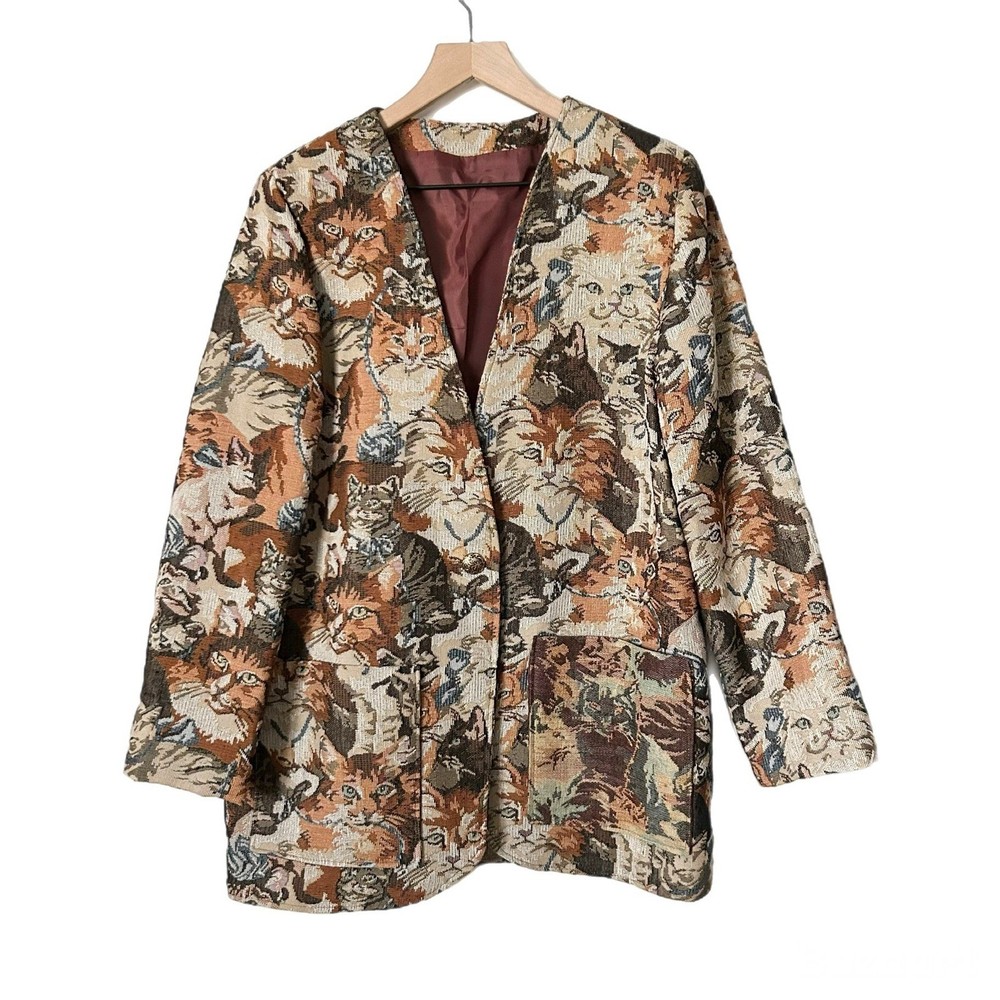 Vintage Cat Tapestry Jacket Women Earth Tone Woven Animal Print Blazer Coat L