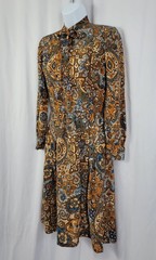 Vintage Blue/Tan/Orange/Brown Patterned Blouson Dress w Tie Collar Size XS/S?