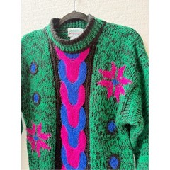 Vintage Croquet Colorblock Chunky Knit Sweater Green Pink Blue Size M