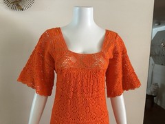 1970s Mexican Crochet Lace Maxi Dress Orange Cotton Boho Huipil XS S Vintage