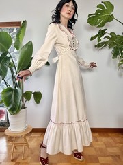 VTG 70s Lace Bib Crochet Trim Cotton Prairie Maxi Dress XS/S Cottagecore