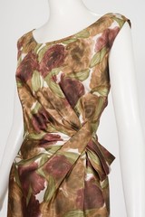 Frank Usher 1960s Green & Brown Floral Print Silk Vintage Cocktail Dress Sz S