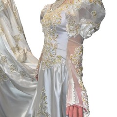 Alfred Angelo Pearl Beaded Satin w/Lace White Lng Sleeve Wedding Dress 12′ Train