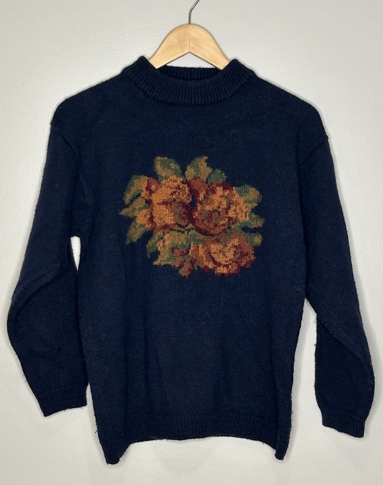 Vintage Wool Kid Mohair Navy Sweater Mock neck Roses? Flowers Size M Cottagecore