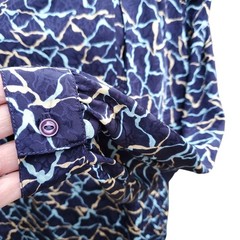 Vintage Blue Geometric Print Blouse Top Tie Neck Button Cuff Fits a M/L
