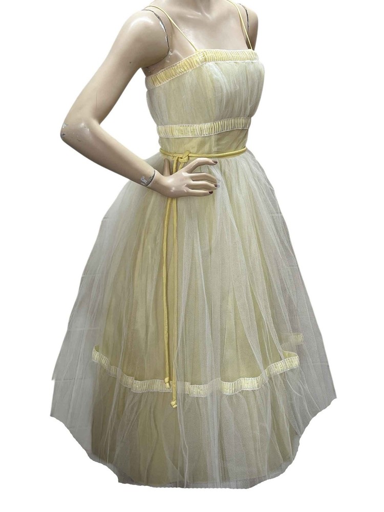 Vtg 50s Sz S Prom Dress Cupcake Yellow Satin 2 Layers White Net Tulle Dance Time