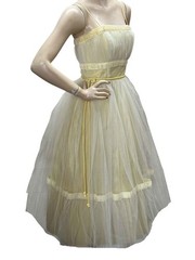 Vtg 50s Sz S Prom Dress Cupcake Yellow Satin 2 Layers White Net Tulle Dance Time