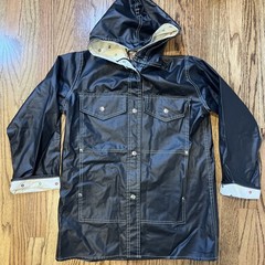VTG 70s Items International Vinyl Raincoat S Hood Mod Black Slicker Jacket Snaps