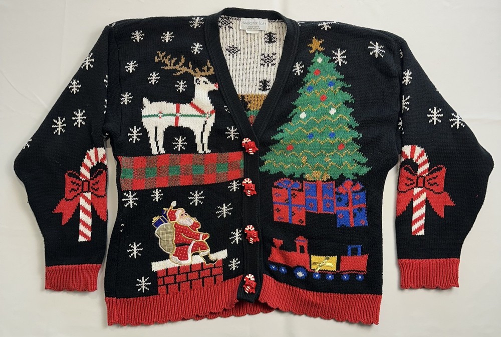 VTG 90s Ugly Christmas Sweater Candy Cane Button Cardigan Size L Santa Xmas Tree