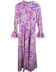 Vintage Purple Floral Maxi Dress Bell Sleeve XXS