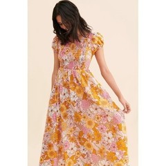 Kachel Floral Cotton Midi Dress Smocked Puff Sleeve Open Back Size M boho 70s
