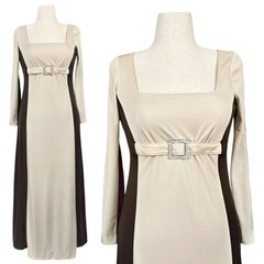 1970s Vintage Dress 70s Formal Eva Gabor Colorblock Brown S/M Small Medium Belt