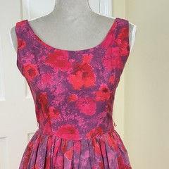 Vintage 1950s Red Pink Floral Fit & Flare Cocktail Dress S Retro Pinup Romanric