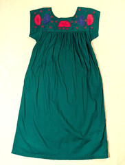 Huipil-Style Long House Dress S/M Coverup Lounging Green Applique Embroidery
