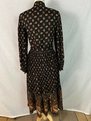 Vtg 70s NON-STOP 2 PC Set Skirt Blouse Puffy Sleeve Black Floral Paisley Hippy M