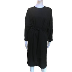 Rare Vintage 1960s Mr. Blackwell Black Polyester Crepe Dress with Tie Belt Sz L