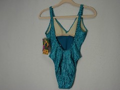 Vtg New 90s TOO HOT BRAZIL Hi Cut Swimsuit Textured Stripe Jade Blue Green USA M