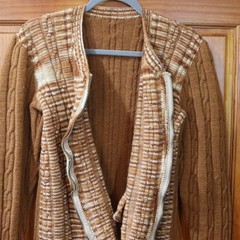Vintage Handmade 70s Brown Plaid Chunky Knit Zip Cardigan Sweater LG
