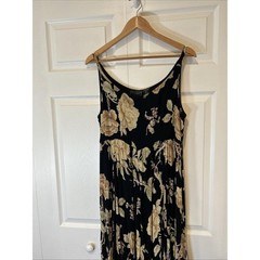 Nostalgia Maxi Dress Women L Black Floral Vtg 90s Broomstick Crinkle Sleeveless