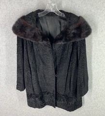 VTG Black Persian Lamb Broadtail Coat Mink Fur Collar Glam Classic S/M Old Money