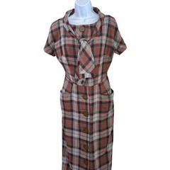 Vtg Distinctively Miss Brett Plaid Midi Dress Rockabilly Dark Academia Red Grey