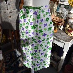 Vintage Shamrock Print Skirt St Patrick’s Day Green Clover Belted Midi Skirt Sm
