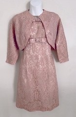Vintage Lace Dress/Jacket Set PXS Sleeveless Pink Formal Handmade Satin Lined