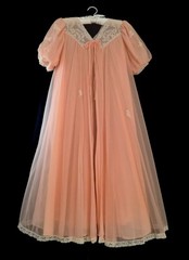 Vintage 60s SAKS FIFTH AVE Peachy PINK Sheer CHIFFON Robe NYLON Babydoll ~ M/L