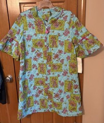 Vintage 60s 70s Blue Quilted House Dress Zip Robe NOS Carol Brent Floral Stamp L