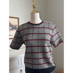 Vintage Evan Picone Houndstooth Plaid Lambswool Angora Sweater Black Red M