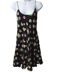 Jo Intimates Satin Slip Dress L Ruffle Knee Length Black Floral Pink Vintage 90s