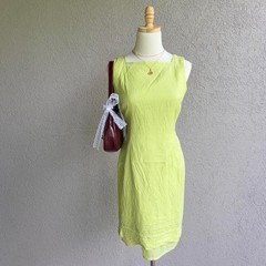 Vintage Y2K Positive Attitude Lime Green Linen Beaded Sequin Dress Size 8P