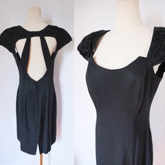 Vintage 80s Black Cage Back Party Dress w/ Soutache Shoulders Cut Out LBD SM