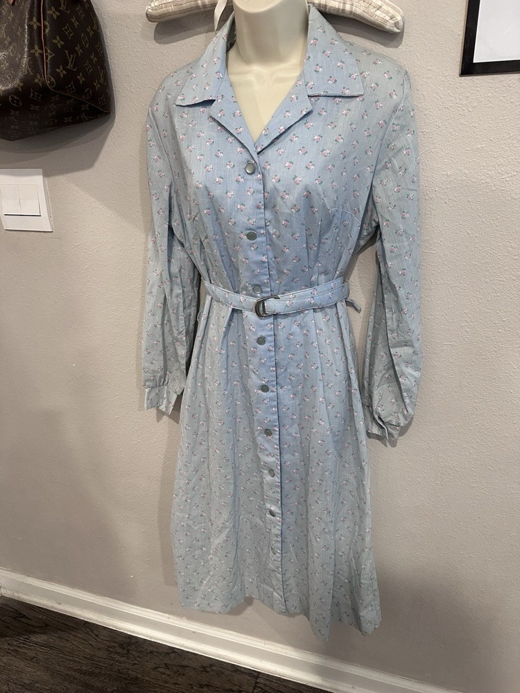 Vintage Carolina Maid 1960’s Ombré Denim Floral Print Belted Dress Sz 14 1/2