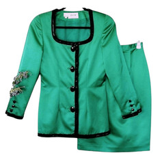 VTG 90s D’ore Della Roufogali Green Satin Beaded Skirt Suit Set 6 Event Gala MCM