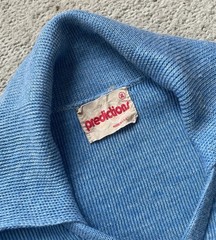 Vintage 1970s Knit Polo Sweater Long Sleeved Shirt Blue Novelty Denim Pocket XL