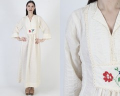 Vtg 70s Cream Seersucker Prairie Dress Bell Slv Peasant Boho Wedding Maxi Gown