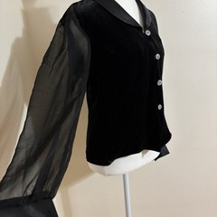 Another Thyme Women’s Black Vintage Velvet Sheer Sleeve Satiny Blouse Goth