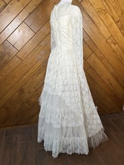 VTG 60s Ivory Lace Wedding Dress Full Cupcake Tiers Fit Flare Illusion XS Macys