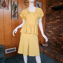 Vtg 30s Mustard Linen Cord Embroidery Peplum Sportswear Afternoon Day Dress S