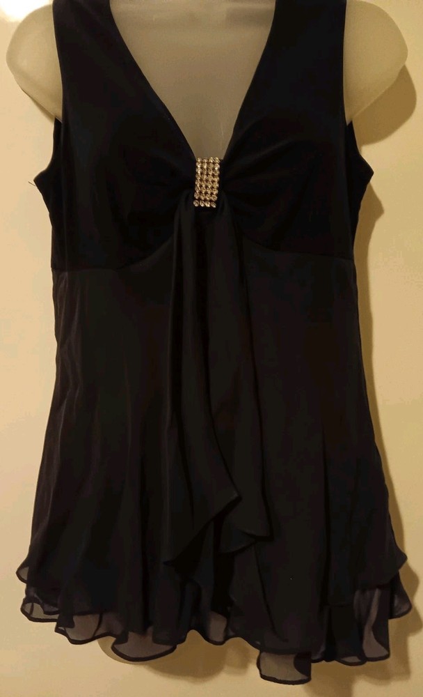Vintage Onyx Nite Top Black Chiffon Layers Rhinestone Brooch Small EUC Vamp Glam