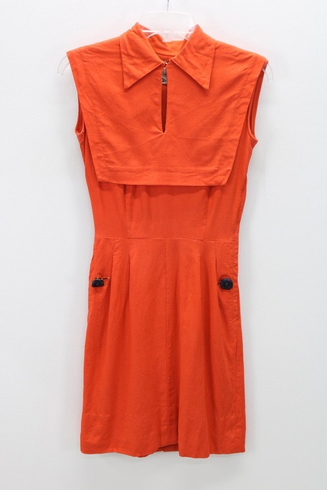 Vintage 1950s Dress Sailor Collar Orange Sleeveless Original Franklin Salyna XXS
