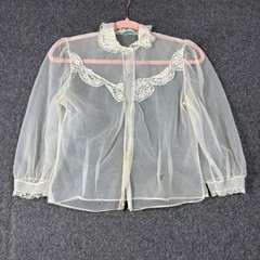 Vintage 50s Dotty Mann of Cleveland Sheer Mesh Lace Trim Blouse Ivory