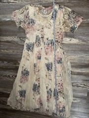 vtg 90s Nostalgia rayon lined dress floral lace panels Boho cottage core S