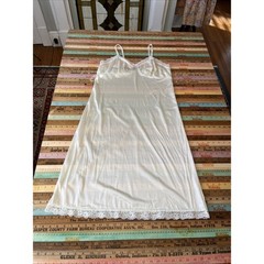 Vintage Deena Lingerie Full Slip Dress Sz 38 Ivory Yellow Floral Lace Trim USA L