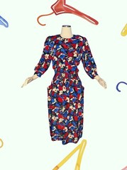 VTG MARCHIONDA OF CALIFORNIA Red White Blue Green SHIFT Dress PUFF Sleeve Sz 10
