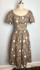 Abstract 1950s 50s Vintage Suzy Perette Dress Brown White Puff Sleeves XS XXS