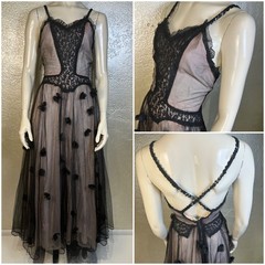 VTG 1930’s-1940’s Black Lace Gown Nude Lining Chiffon Floral Floor Length Dress
