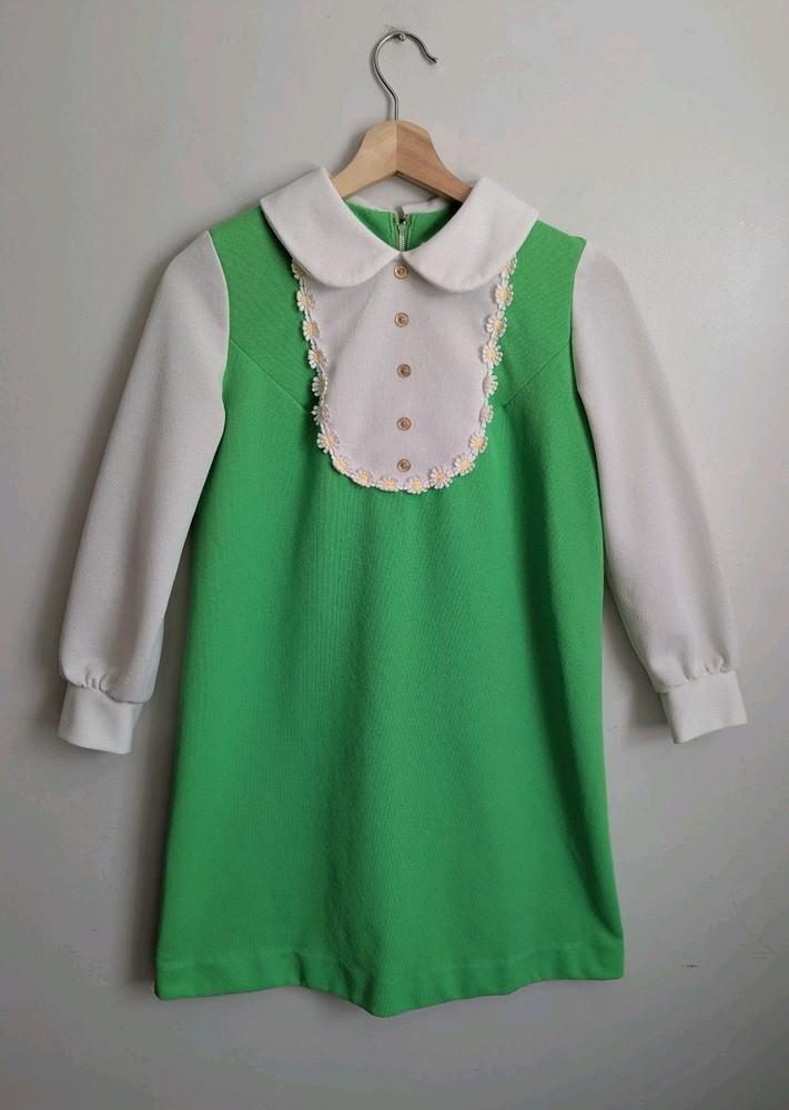 Vintage 1960s Union Made Mod Mini Shift Dress Maternity RARE Green Daisy Trim XS
