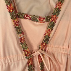 Vintage 70s Peach Capelet Maxi Dress Flutter Sleeve Floral Embroidery Boho Peach
